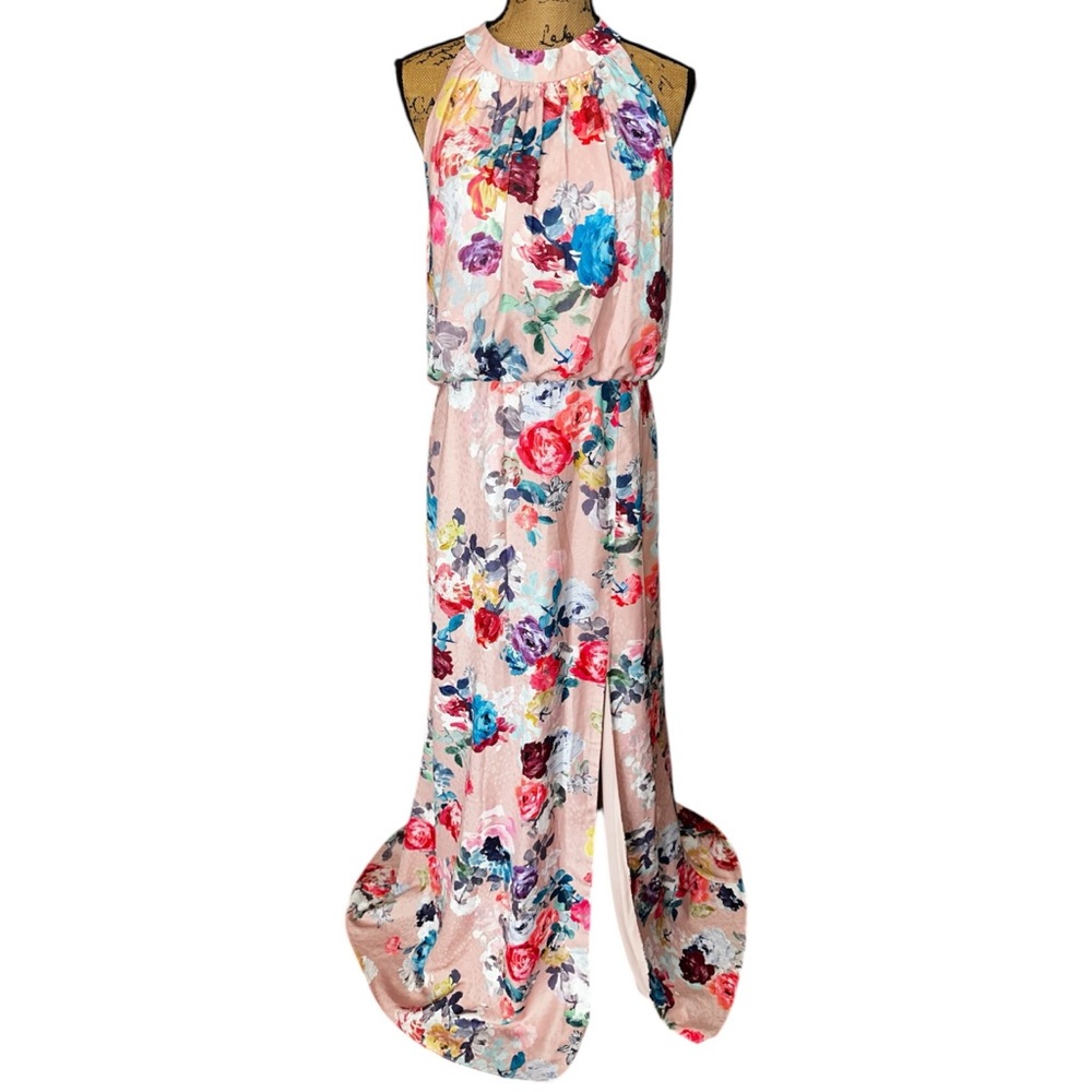 Adrianna Papell Dress Size 16 Blush Pink Floral Print Satin Jacquard Halter Gown - Picture 2 of 16